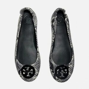 Tory Burch Black & Cream Snake Pattern Ballet Flats Roccia Snake Python Womens 6